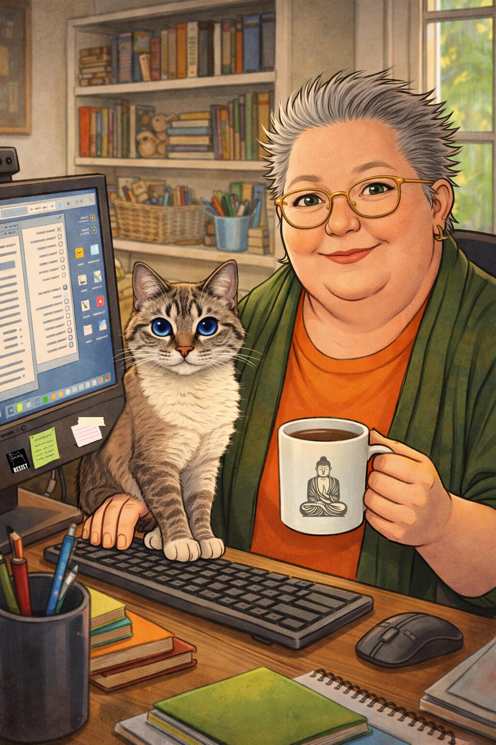 AI generated cartoon of Jane Ryder at her desk with her cat Agatha sitting on her hand